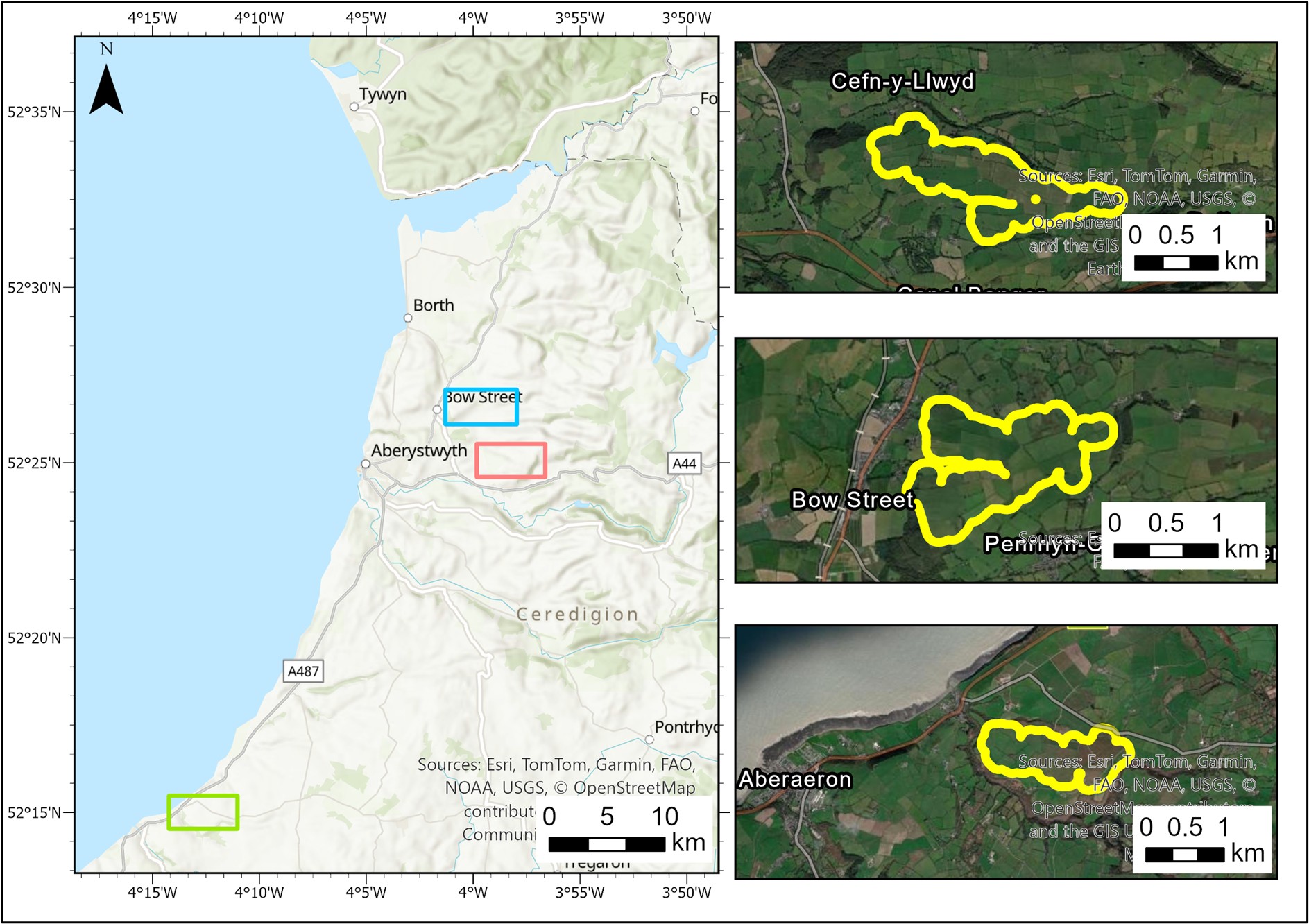 Candidate hospital sites A, B and C in North Ceredigion